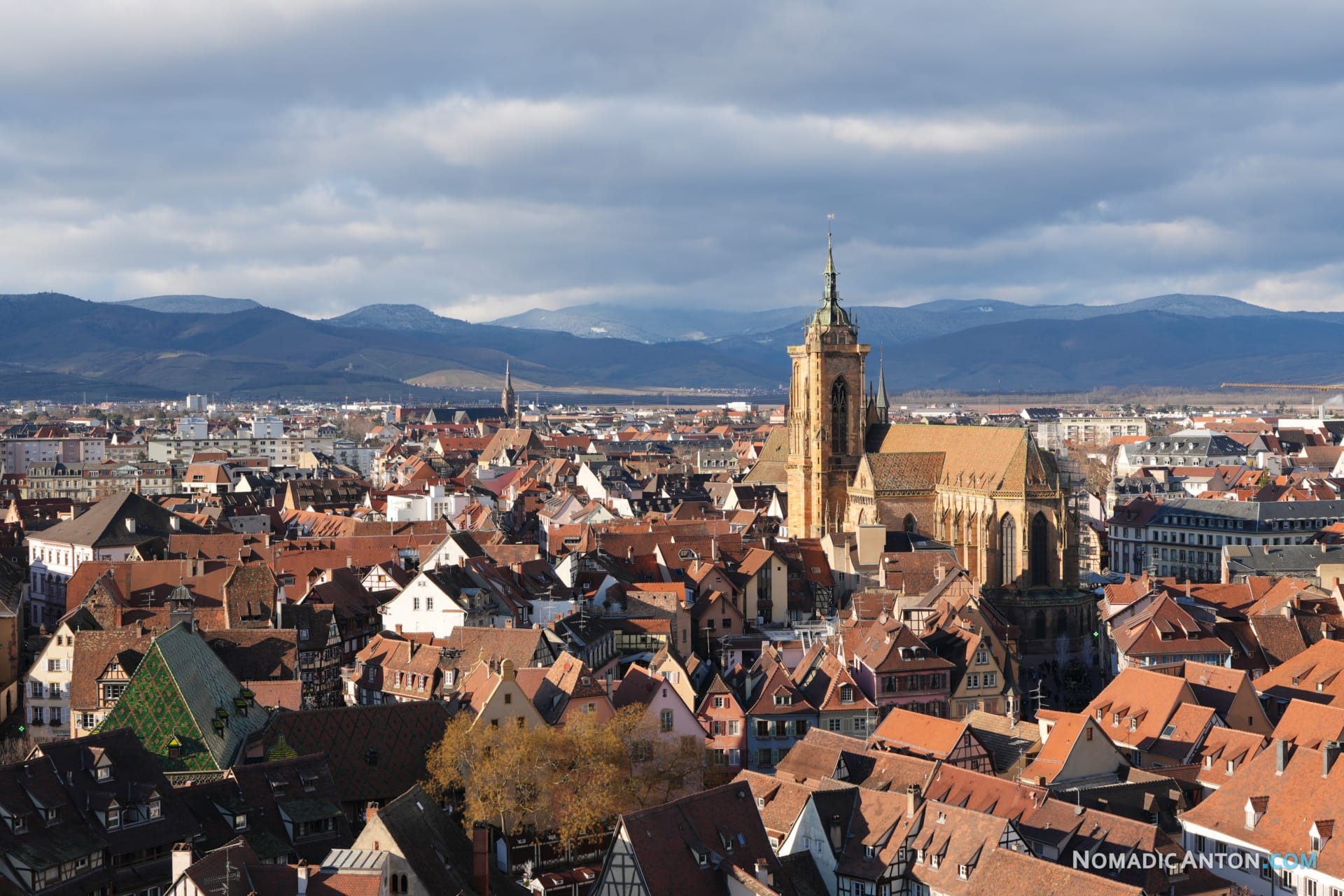 Colmar old town with mountains in the back