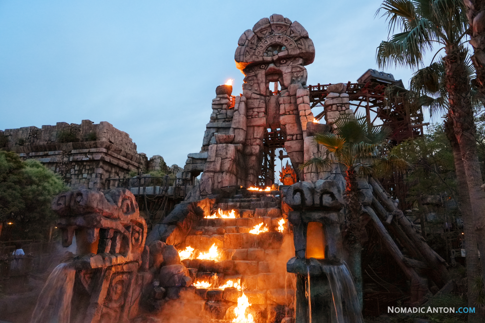 Raging Spirits rollercoaster at the evening