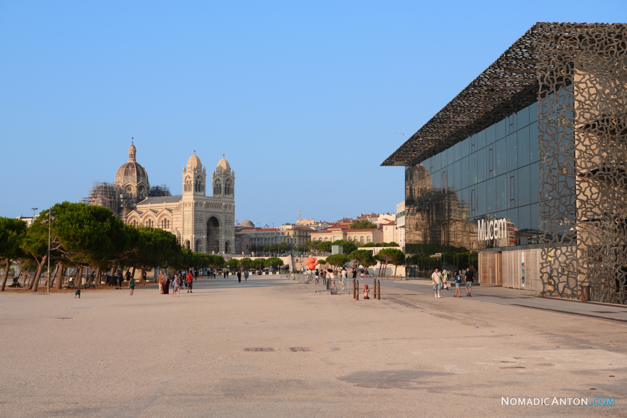 Cathédrale de la Major on one side of a plaza and Mucem’s latticed building on the other.