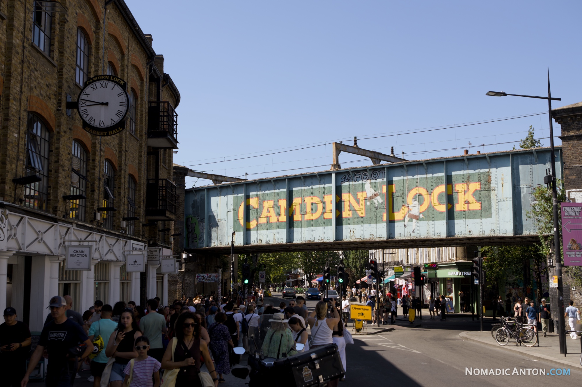 Camden Lock sign painted on the railway bridge above Camden Market