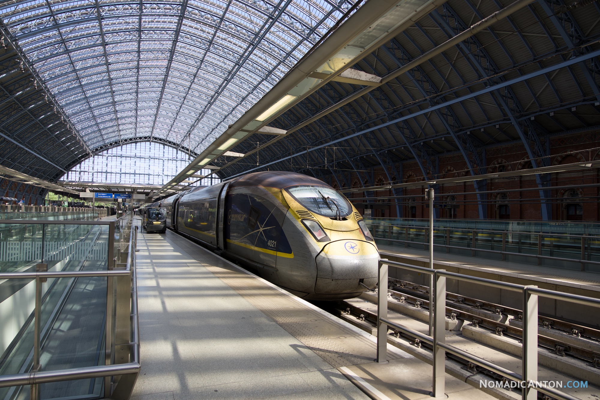 Eurostar train at a platform inside London St Pancras International