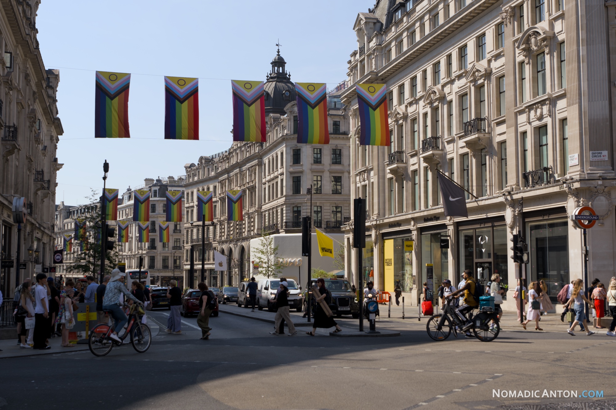 Progress Pride flags hanging above Regent Street in London